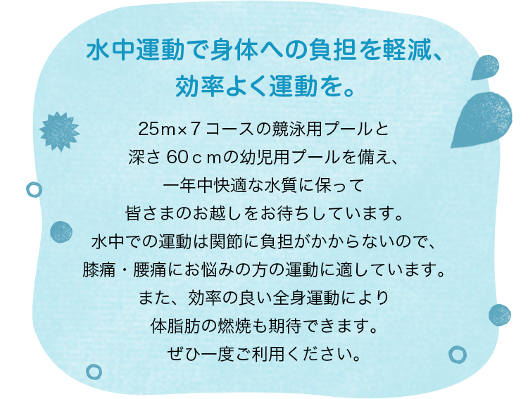 水中運動で身体への負担を軽減、効率よく運動を。